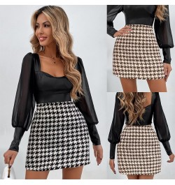 Fashion High Waist Houndstooth A-line Skirt Women Casual Vintage Plaid Mini Dress Lady Korean Temperament Slim Female Hip $31...