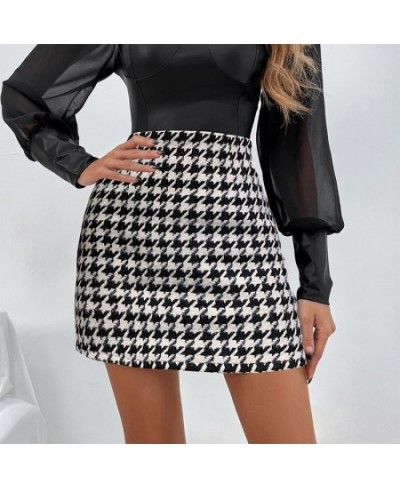 Fashion High Waist Houndstooth A-line Skirt Women Casual Vintage Plaid Mini Dress Lady Korean Temperament Slim Female Hip $31...