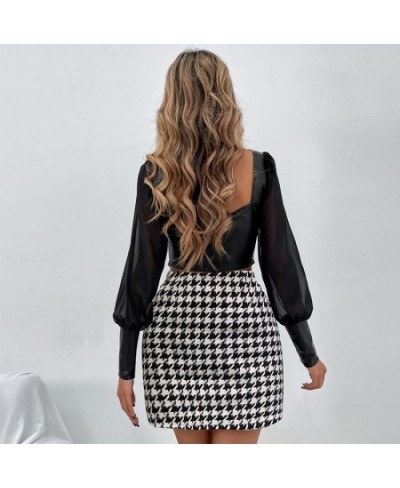 Fashion High Waist Houndstooth A-line Skirt Women Casual Vintage Plaid Mini Dress Lady Korean Temperament Slim Female Hip $31...