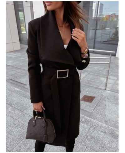 Casual Autumn Winter Women Wool Blends Coats Solid Color Turn-down Collar Open Stitch Long Sleeve Belt Office Lady Long Coats...