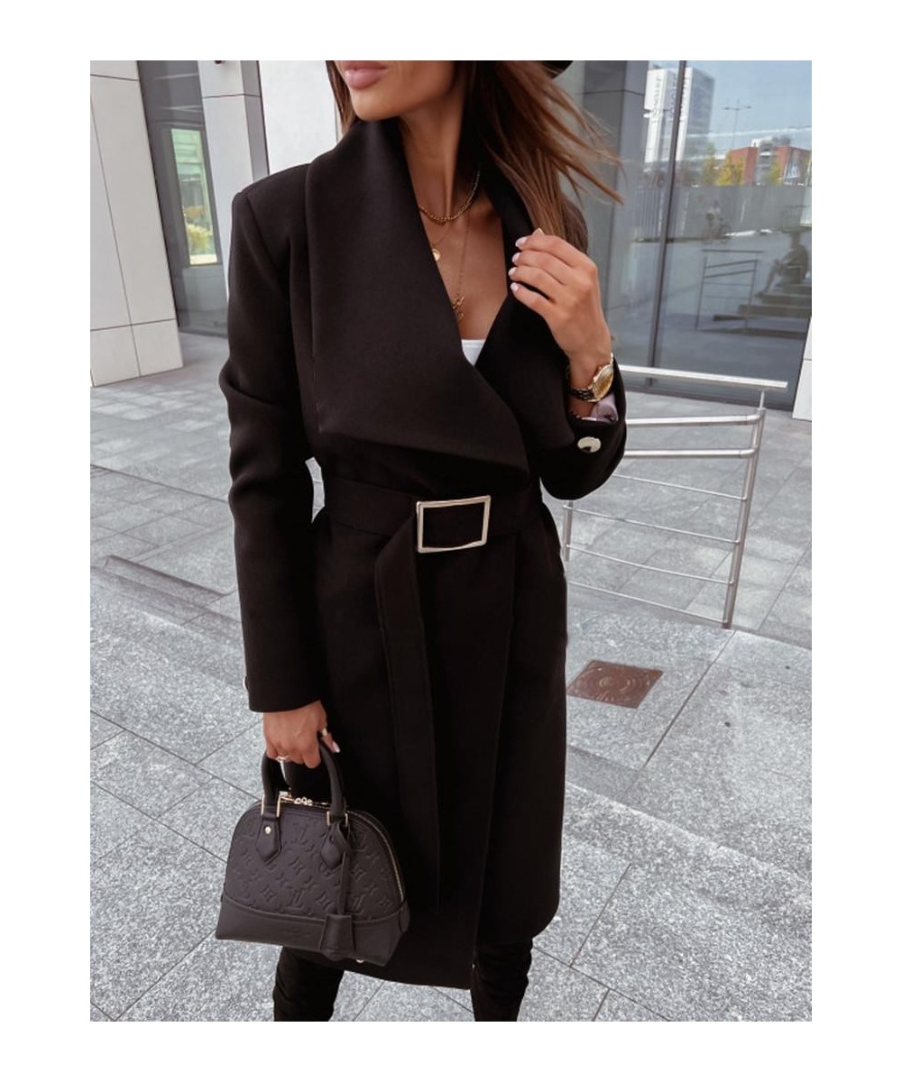 Casual Autumn Winter Women Wool Blends Coats Solid Color Turn-down Collar Open Stitch Long Sleeve Belt Office Lady Long Coats...