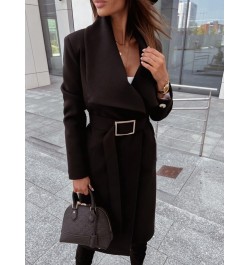 Casual Autumn Winter Women Wool Blends Coats Solid Color Turn-down Collar Open Stitch Long Sleeve Belt Office Lady Long Coats...