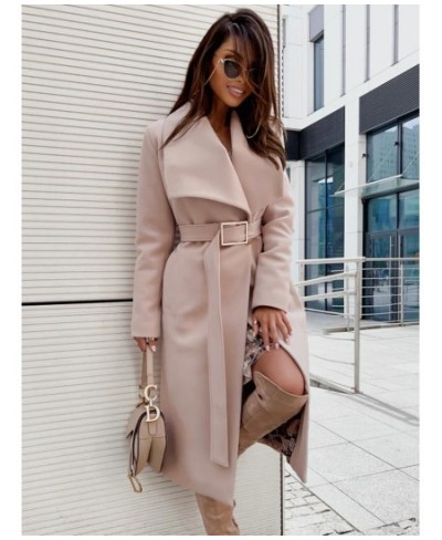 Casual Autumn Winter Women Wool Blends Coats Solid Color Turn-down Collar Open Stitch Long Sleeve Belt Office Lady Long Coats...