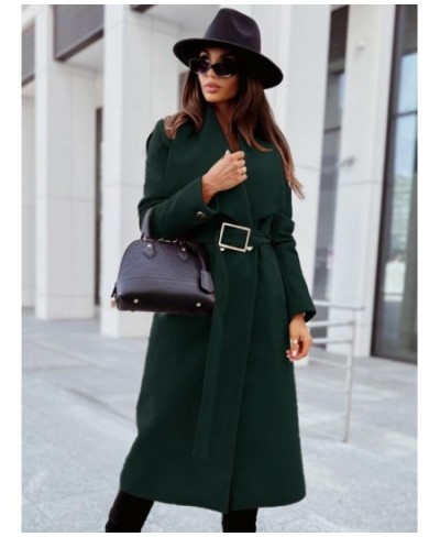 Casual Autumn Winter Women Wool Blends Coats Solid Color Turn-down Collar Open Stitch Long Sleeve Belt Office Lady Long Coats...