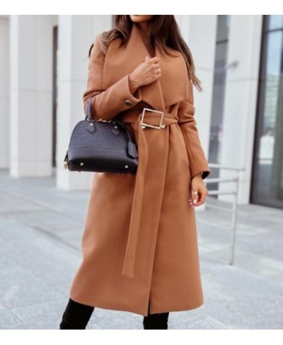 Casual Autumn Winter Women Wool Blends Coats Solid Color Turn-down Collar Open Stitch Long Sleeve Belt Office Lady Long Coats...