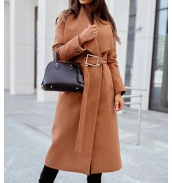 Casual Autumn Winter Women Wool Blends Coats Solid Color Turn-down Collar Open Stitch Long Sleeve Belt Office Lady Long Coats...