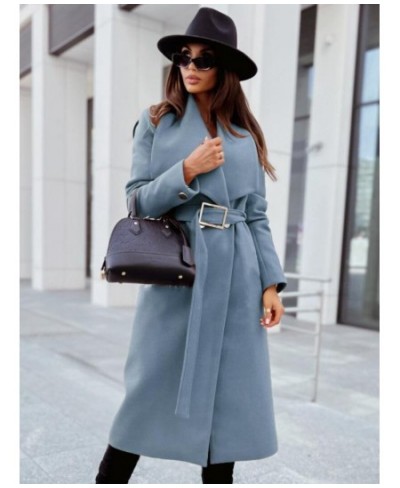 Casual Autumn Winter Women Wool Blends Coats Solid Color Turn-down Collar Open Stitch Long Sleeve Belt Office Lady Long Coats...