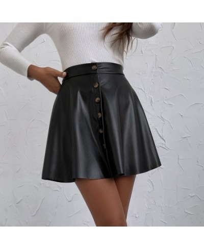 High Waist Pu Leather Skirt Women Autumn Button Front High Waist A Line Short Skirts Female Vintage Pleated Mini Skirts $32.7...