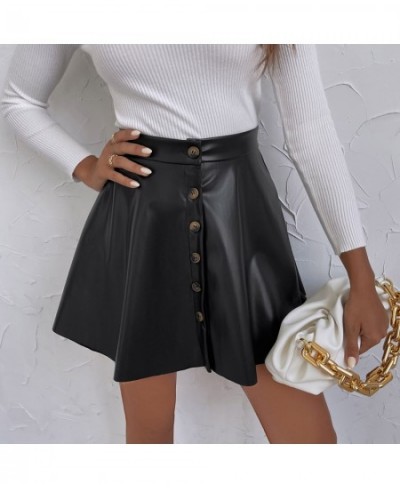 High Waist Pu Leather Skirt Women Autumn Button Front High Waist A Line Short Skirts Female Vintage Pleated Mini Skirts $32.7...