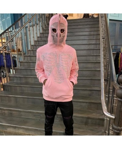 2022 autumn Goth Hoodies Grunge Pink Hooded Jacket Streetwear Womens Y2K Rhinestone Skeleton zip Oversized Sweatshirts $45.92...