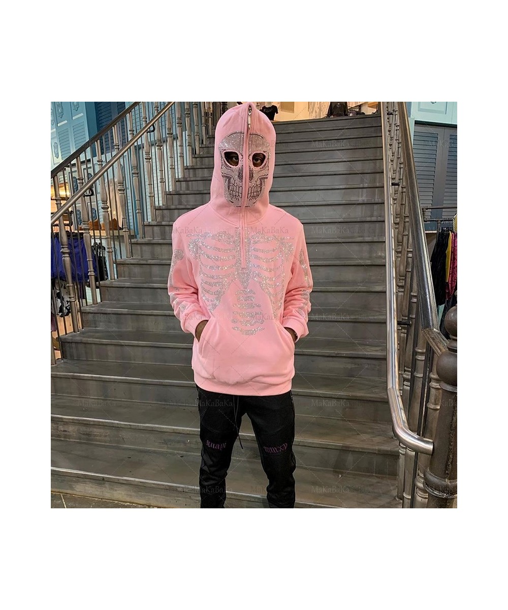 2022 autumn Goth Hoodies Grunge Pink Hooded Jacket Streetwear Womens Y2K Rhinestone Skeleton zip Oversized Sweatshirts $45.92...