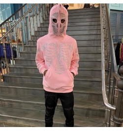 2022 autumn Goth Hoodies Grunge Pink Hooded Jacket Streetwear Womens Y2K Rhinestone Skeleton zip Oversized Sweatshirts $45.92...