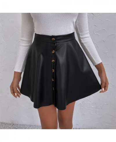 High Waist Pu Leather Skirt Women Autumn Button Front High Waist A Line Short Skirts Female Vintage Pleated Mini Skirts $32.7...