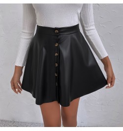 High Waist Pu Leather Skirt Women Autumn Button Front High Waist A Line Short Skirts Female Vintage Pleated Mini Skirts $32.7...