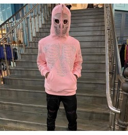 2022 autumn Goth Hoodies Grunge Pink Hooded Jacket Streetwear Womens Y2K Rhinestone Skeleton zip Oversized Sweatshirts $45.92...