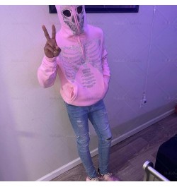 2022 autumn Goth Hoodies Grunge Pink Hooded Jacket Streetwear Womens Y2K Rhinestone Skeleton zip Oversized Sweatshirts $45.92...