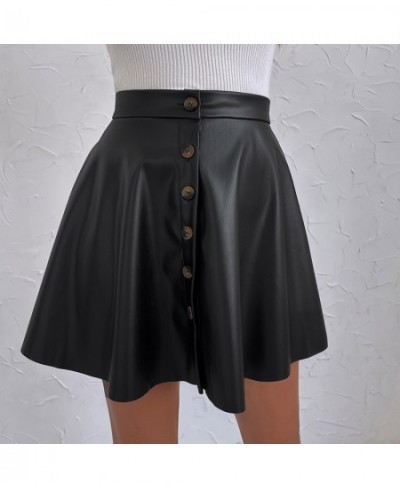 High Waist Pu Leather Skirt Women Autumn Button Front High Waist A Line Short Skirts Female Vintage Pleated Mini Skirts $32.7...