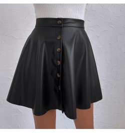 High Waist Pu Leather Skirt Women Autumn Button Front High Waist A Line Short Skirts Female Vintage Pleated Mini Skirts $32.7...