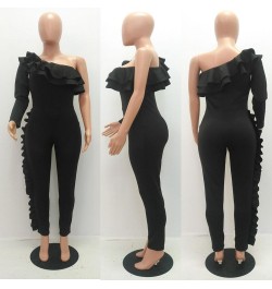 Black One Shoulder Jumpsuit 2023 Club Long Sleeve Bodysuit Autumn Fashion Ruffle Patchwork One Piece Jumpsuit Women Clothes $...