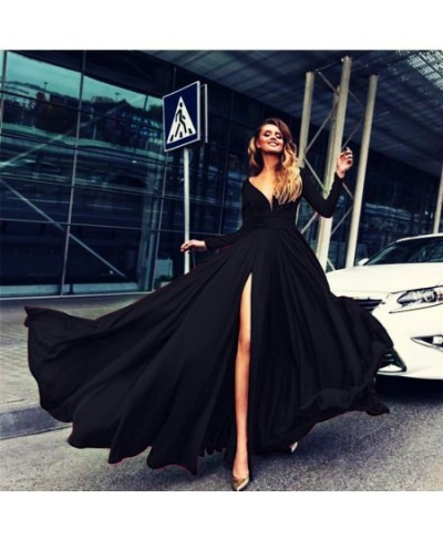 Long Dress Sexy Deep V Vestidos Fashion Full Sleeve Dresses Lady Female Club Gown Skirts Outfits Red High Slit Prom New $52.5...