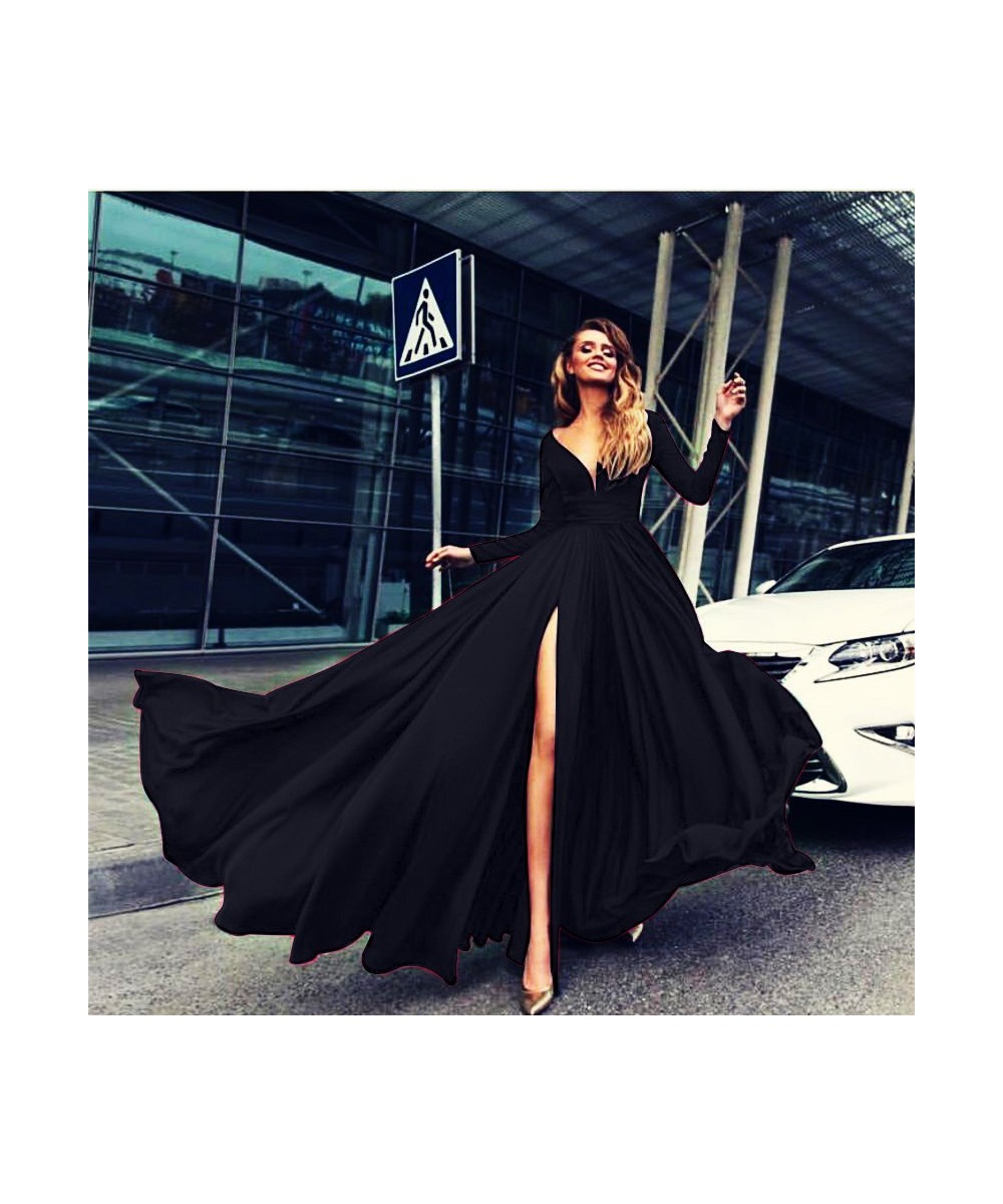 Long Dress Sexy Deep V Vestidos Fashion Full Sleeve Dresses Lady Female Club Gown Skirts Outfits Red High Slit Prom New $52.5...