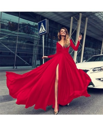 Long Dress Sexy Deep V Vestidos Fashion Full Sleeve Dresses Lady Female Club Gown Skirts Outfits Red High Slit Prom New $52.5...