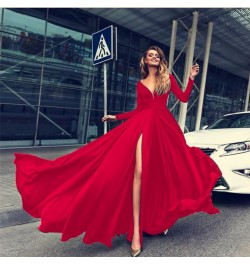 Long Dress Sexy Deep V Vestidos Fashion Full Sleeve Dresses Lady Female Club Gown Skirts Outfits Red High Slit Prom New $52.5...