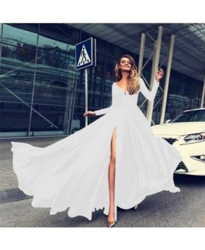 Long Dress Sexy Deep V Vestidos Fashion Full Sleeve Dresses Lady Female Club Gown Skirts Outfits Red High Slit Prom New $52.5...