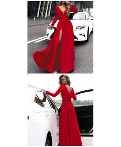 Long Dress Sexy Deep V Vestidos Fashion Full Sleeve Dresses Lady Female Club Gown Skirts Outfits Red High Slit Prom New $52.5...