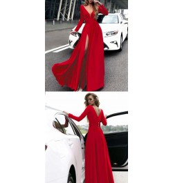 Long Dress Sexy Deep V Vestidos Fashion Full Sleeve Dresses Lady Female Club Gown Skirts Outfits Red High Slit Prom New $52.5...