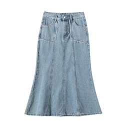 Korean Style Bodycon Fishtail Skirts for Women Fashion Denim Maxi Long Skirt 2023 New High Waisted Ruffles Midi Skirts $50.98...