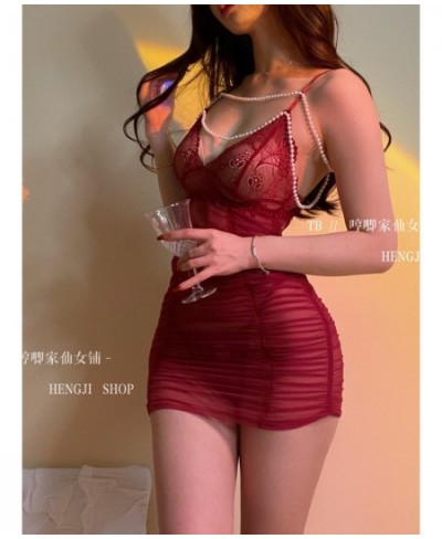 Sexy Slim Hip Mesh Lace Pearl Chain Tank Mini Dress Women's Fahsion Women Tops Red Sweet V Neck Korean Girl Female B8L $29.09...