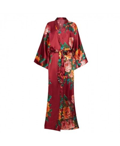 Exquisite Print Flower Women Wedding Robe Kimono Robe Gown Casual Intimate Soft Satin Sleepwear Elegant Burgundy Nightgown 6X...