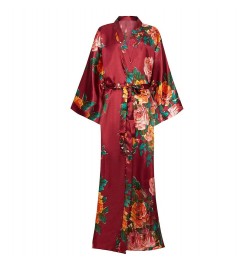 Exquisite Print Flower Women Wedding Robe Kimono Robe Gown Casual Intimate Soft Satin Sleepwear Elegant Burgundy Nightgown 6X...