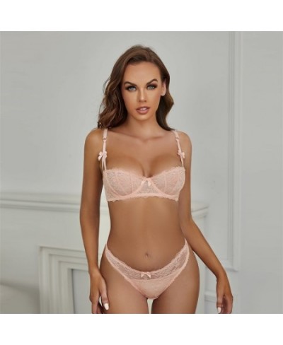 Women's Sexy Lace Transparent 1/2 Cup Lingerie Set Unlined Bras+Thongs Bra Set ABCD Cup $24.86 - Underwear