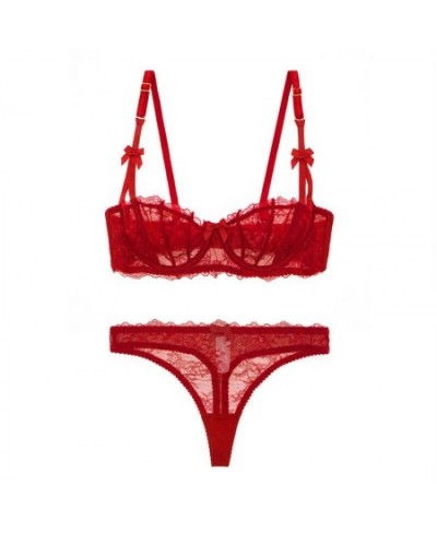 Women's Sexy Lace Transparent 1/2 Cup Lingerie Set Unlined Bras+Thongs Bra Set ABCD Cup $24.86 - Underwear