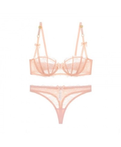 Women's Sexy Lace Transparent 1/2 Cup Lingerie Set Unlined Bras+Thongs Bra Set ABCD Cup $24.86 - Underwear