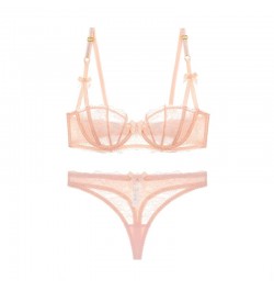 Women's Sexy Lace Transparent 1/2 Cup Lingerie Set Unlined Bras+Thongs Bra Set ABCD Cup $24.86 - Underwear