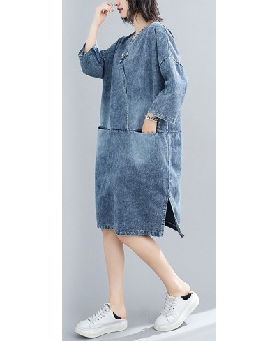 Women's spring plus-size loose button-up denim dress Fat MM mid-length belly cover casual skirt long dresses for women $76.64...