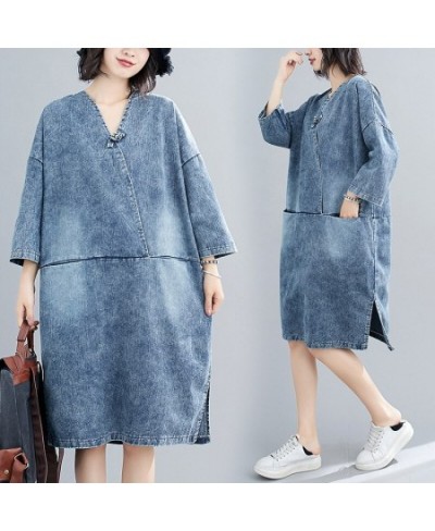 Women's spring plus-size loose button-up denim dress Fat MM mid-length belly cover casual skirt long dresses for women $76.64...