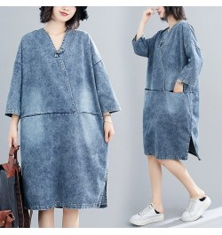 Women's spring plus-size loose button-up denim dress Fat MM mid-length belly cover casual skirt long dresses for women $76.64...