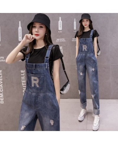 Women Overalls Jeans Ripped Simple Washed Do Old Denim Casual Trousers Fashion Female Street Straight Long Jeans $46.63 - Jeans