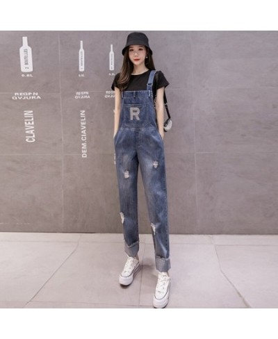 Women Overalls Jeans Ripped Simple Washed Do Old Denim Casual Trousers Fashion Female Street Straight Long Jeans $46.63 - Jeans