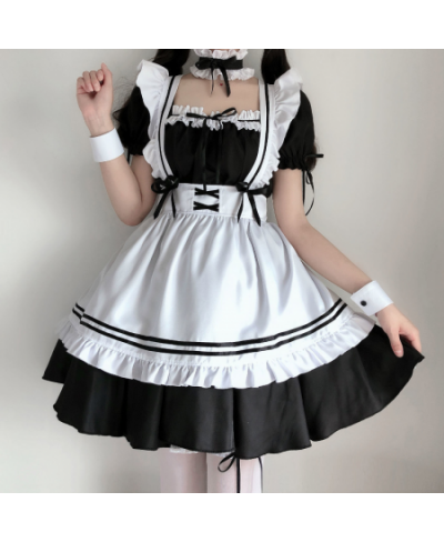 Japanese Cute Maid Dress Women Kawaii Ruffle Bow Patchwork Square Collar Lolita Dress Maid Costume Set Cosplay Anime $44.72 -...