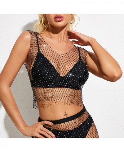 Women's Sexy Rhinestone Mesh Tank Tops See Through Diamond Crop Top $22.27 - Underwear