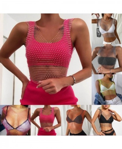 Women's Sexy Rhinestone Mesh Tank Tops See Through Diamond Crop Top $22.27 - Underwear