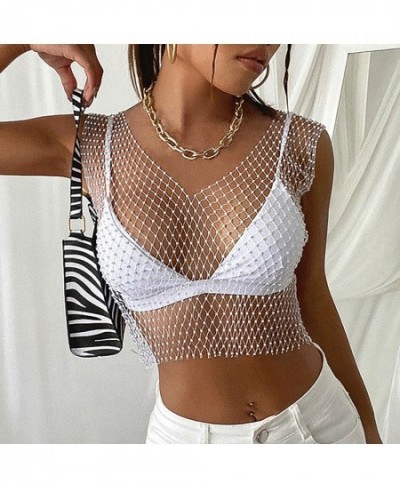 Women's Sexy Rhinestone Mesh Tank Tops See Through Diamond Crop Top $22.27 - Underwear