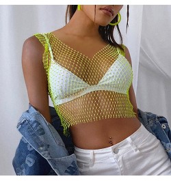 Women's Sexy Rhinestone Mesh Tank Tops See Through Diamond Crop Top $22.27 - Underwear