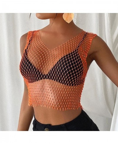 Women's Sexy Rhinestone Mesh Tank Tops See Through Diamond Crop Top $22.27 - Underwear