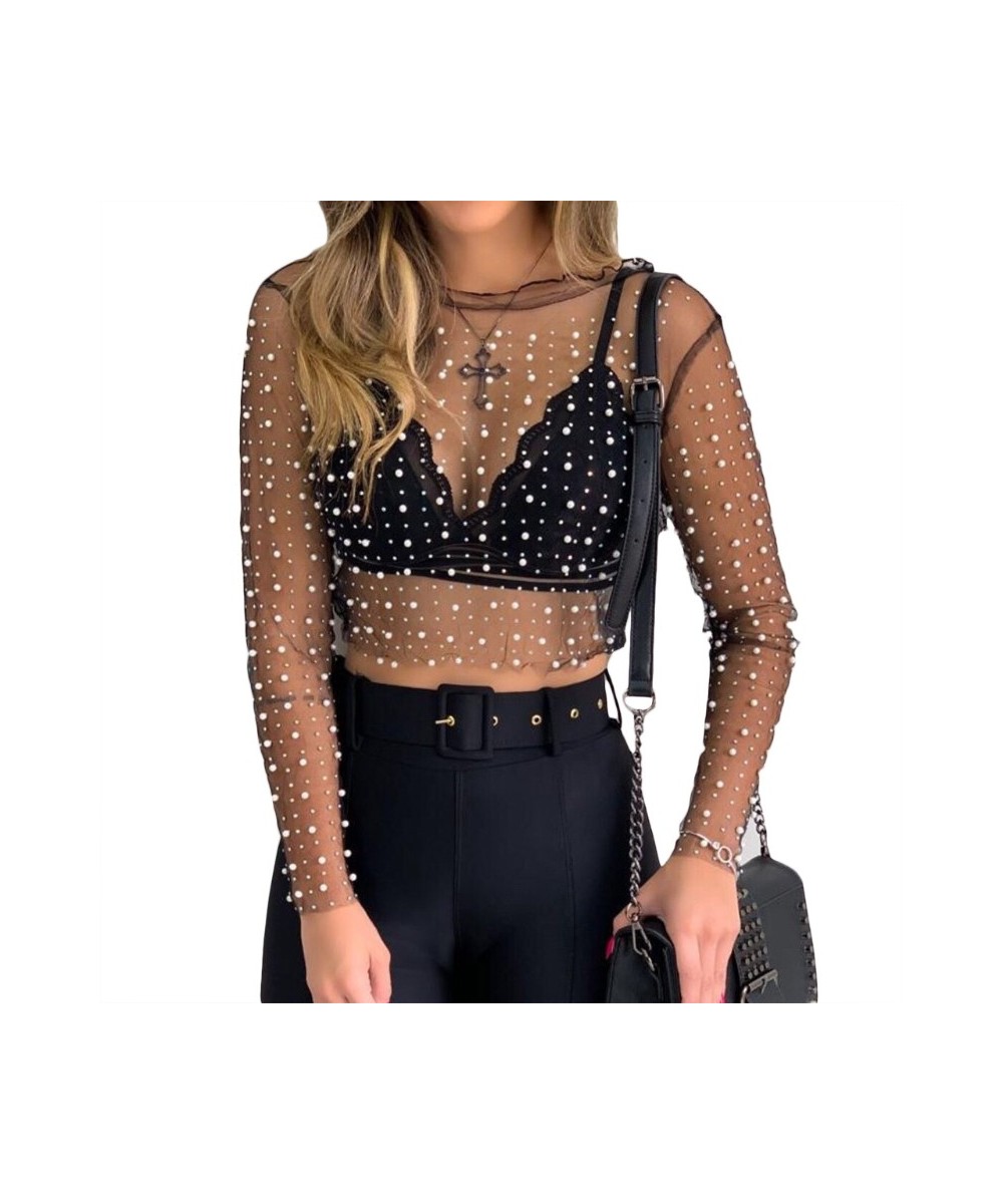 Womens Long Sleeve Sheer Mesh Crop Top Shiny Pearls Rhinestone O-Neck Pullover Shirt Blouse Slim Cover Up Party Clubwear $36....